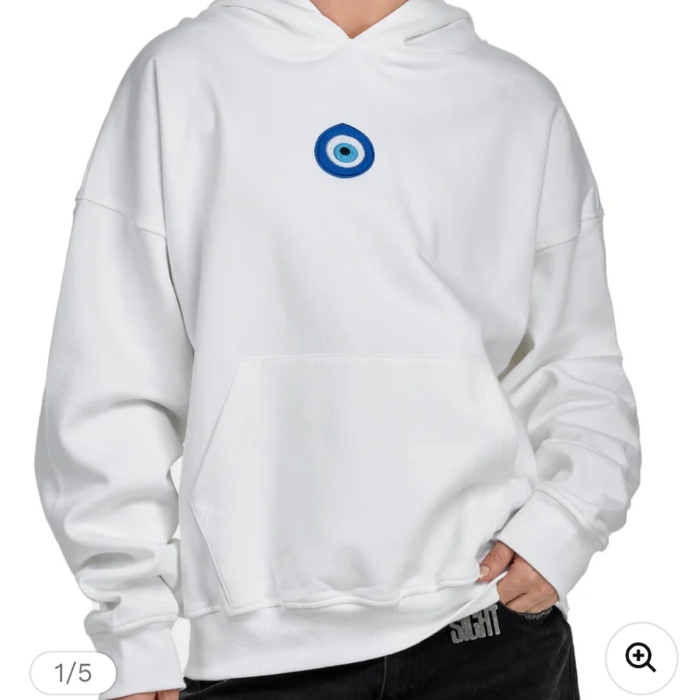 White Evil Eye Embroidered Hoodie